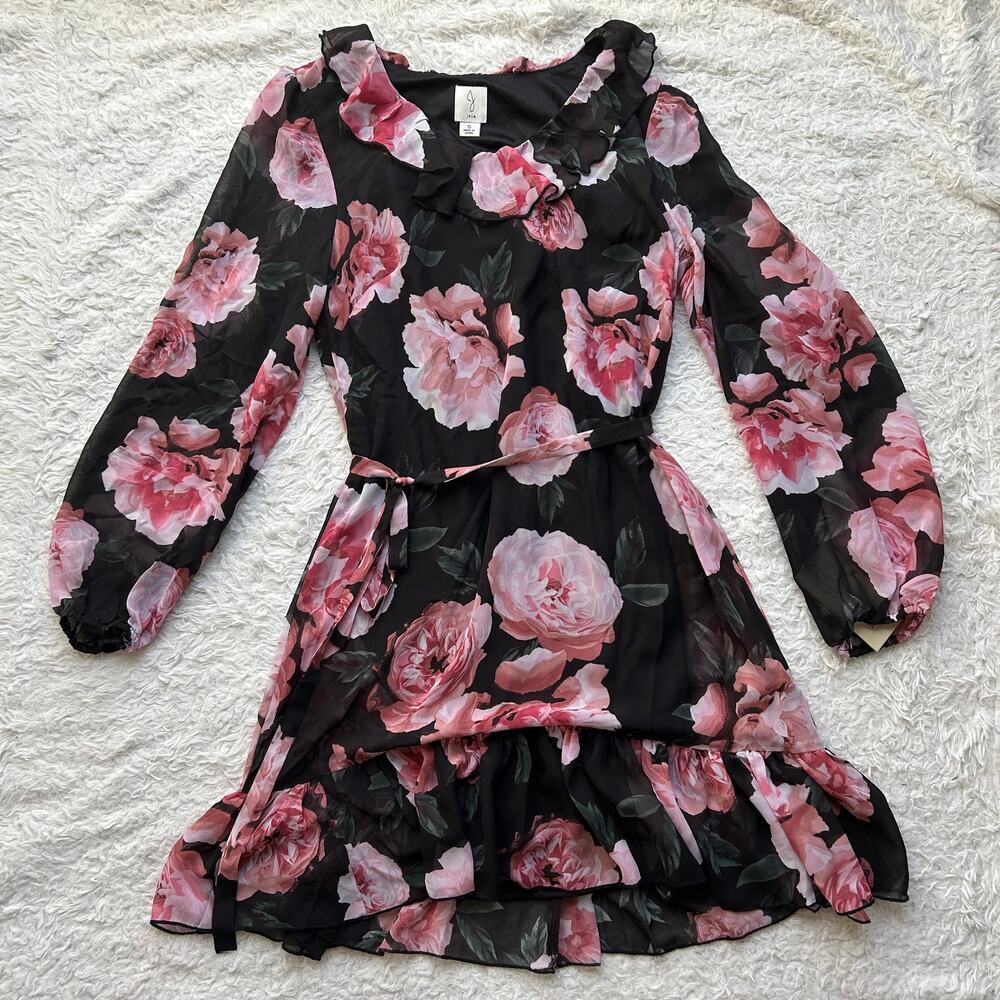 Joie Romantic Black and Pink Floral Ruffle Mini Dress Size Small